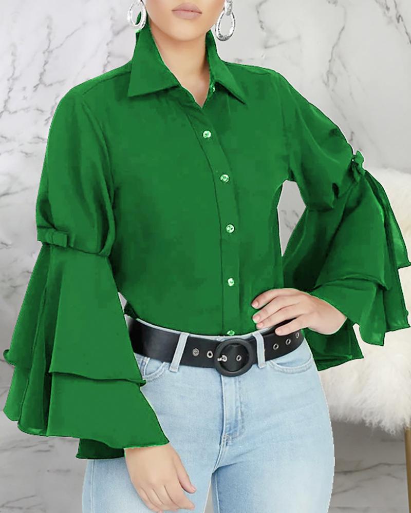 

Solid Turn-down Collar Layered Ruffles Sleeve Buttoned Shirt, Green