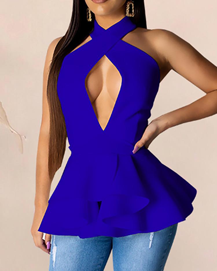 

Crisscross Halter Open Back Ruched Blouse