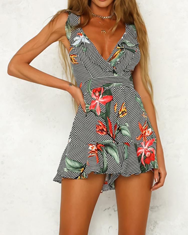 

Deep V Ruffles Backless Floral Print Romper, Multicolor