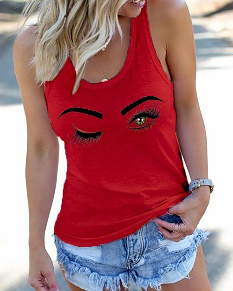 

Eyes Print Casual Tank Top, Red
