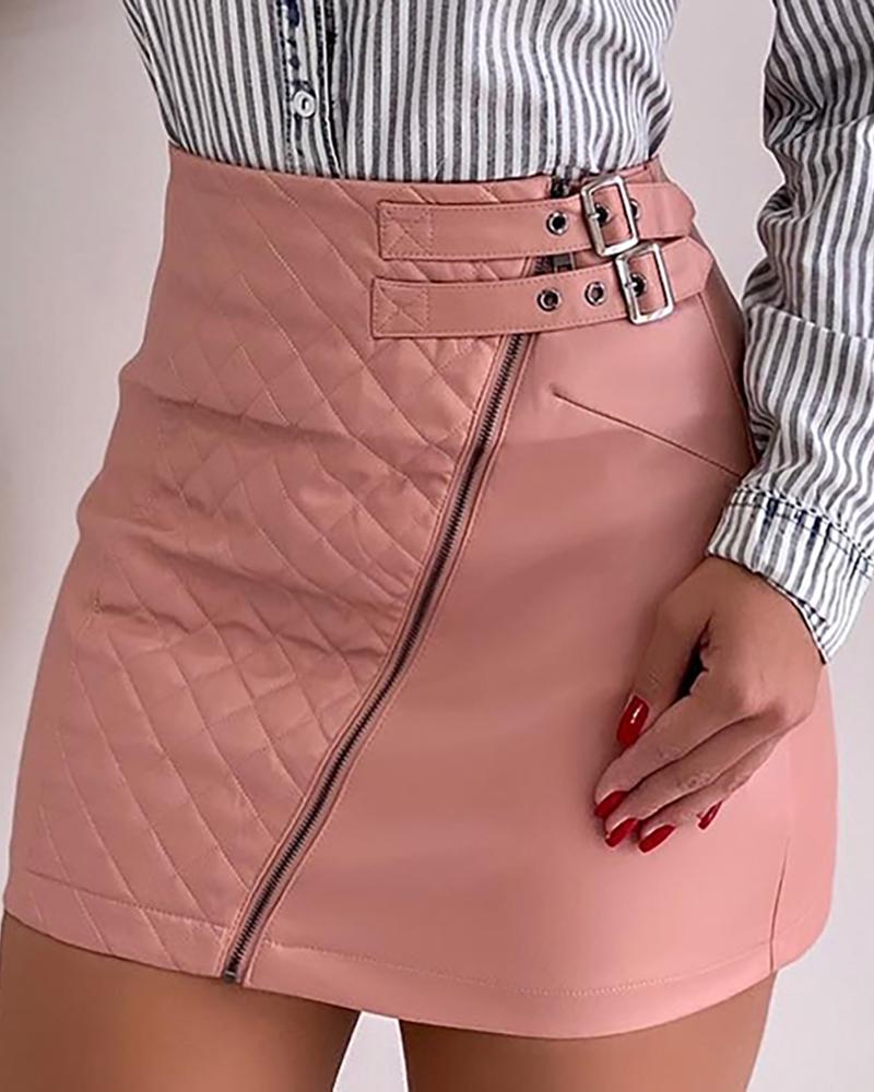 

Zipper Design PU Slinky Skirt, Pink