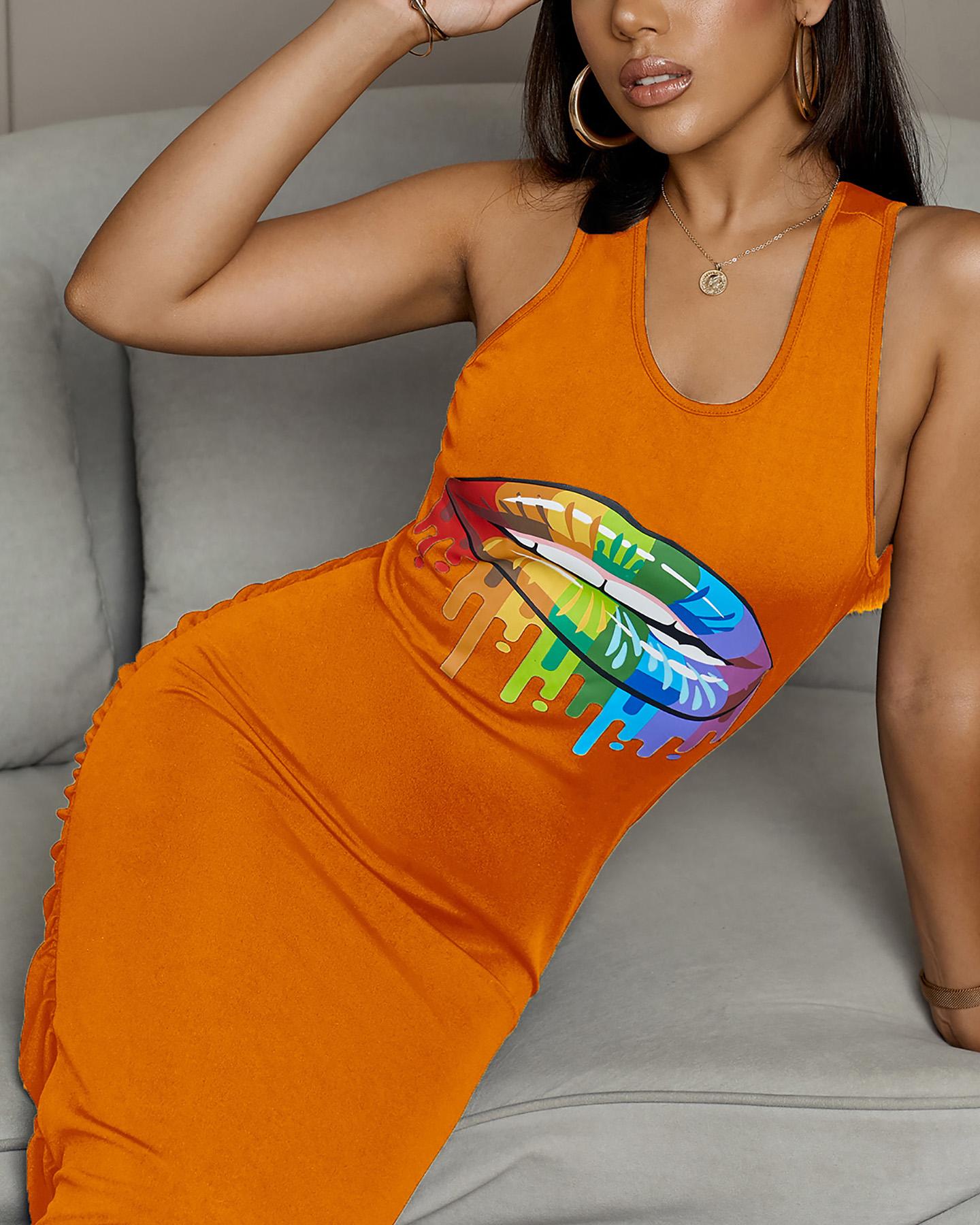 

Lip Print Cutout Back Sleeveless Dress, Orange