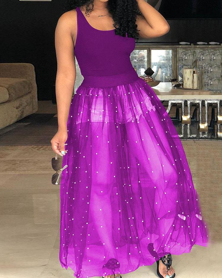 

Beading Mesh Splicing Pleated Maxi dress, Purple