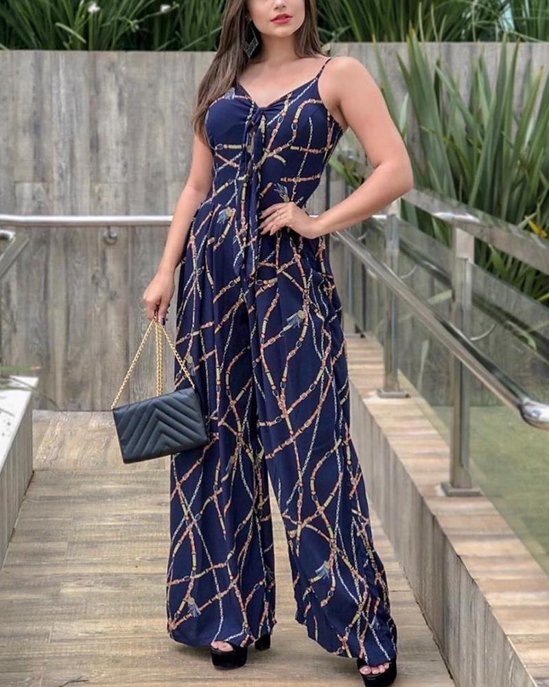 

Chain Print Knotted Spaghetti Strap Jumpsuit, Purplish blue
