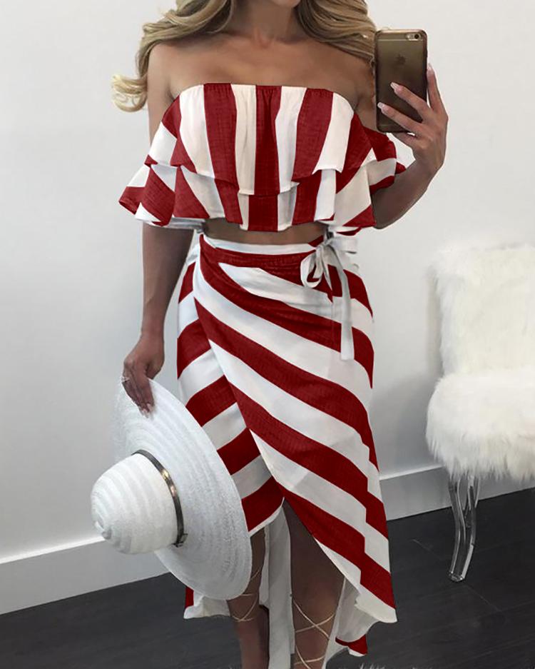 

Striped Ruffles Crop Top & Wrap Skirt, Red