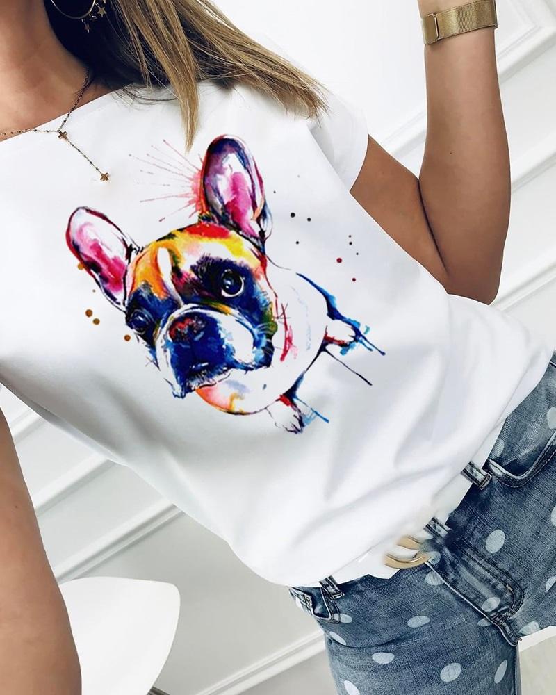 

Dog Print Short Sleeve Casual T-shirt, White