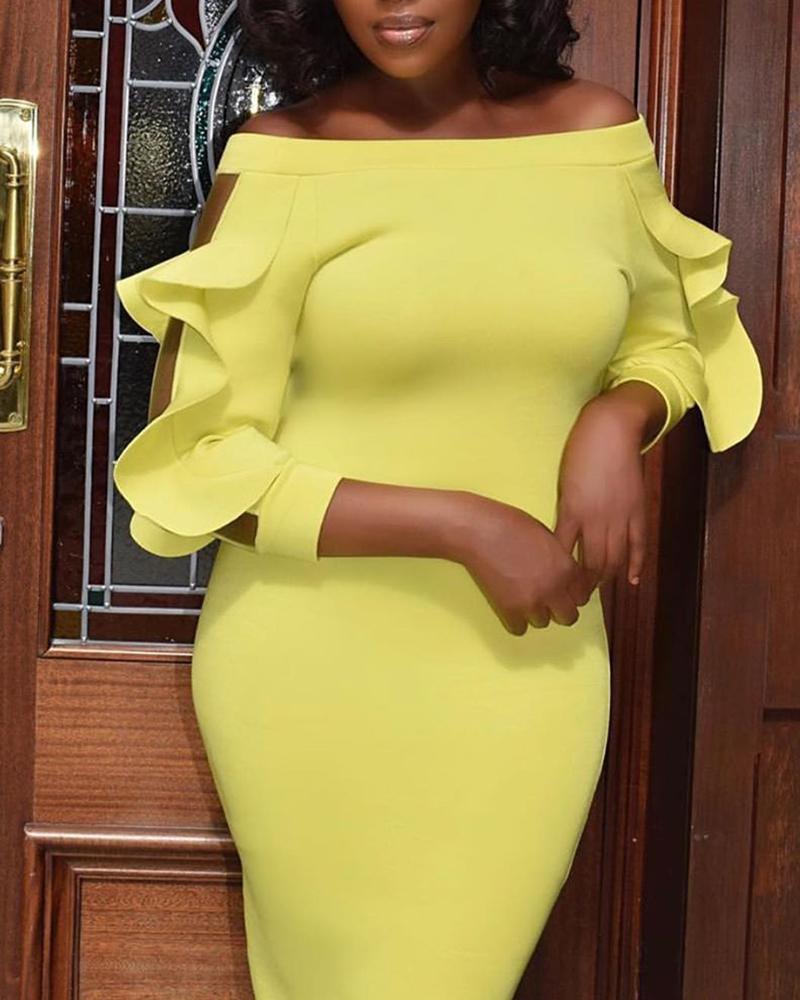 

Ruffles Mesh Insert Sleeve Off Shoulder Dress