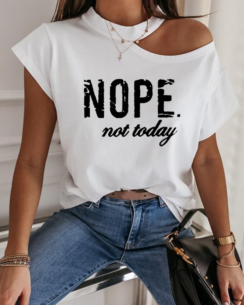 

Letter Print Cold Shoulder Short Sleeve T-shirt, White
