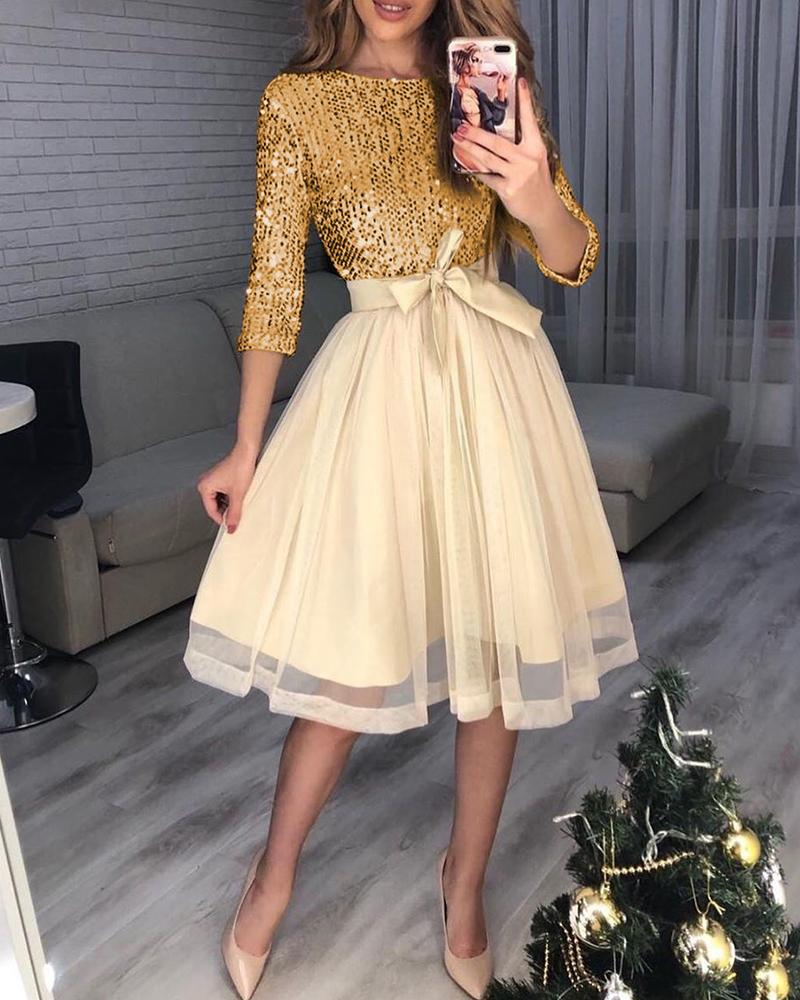 

Sequins Tight Waist Layered Mesh Dress, Gold