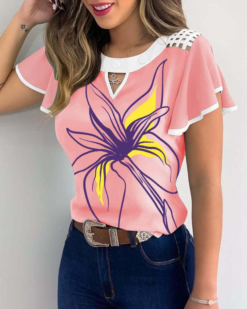 

Irises Pattern Ruffles Hem Casual T-shirt, Pink