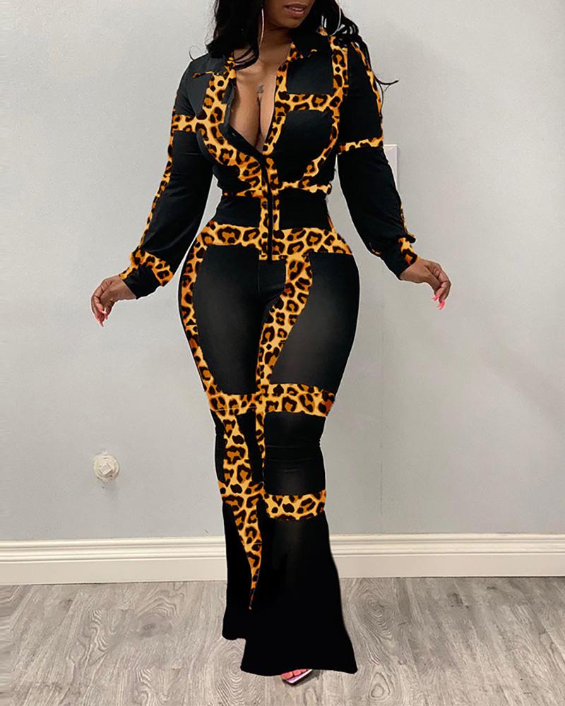 

Deep V Neck Print Top & Bell-bottomed Pants Sets, Leopard