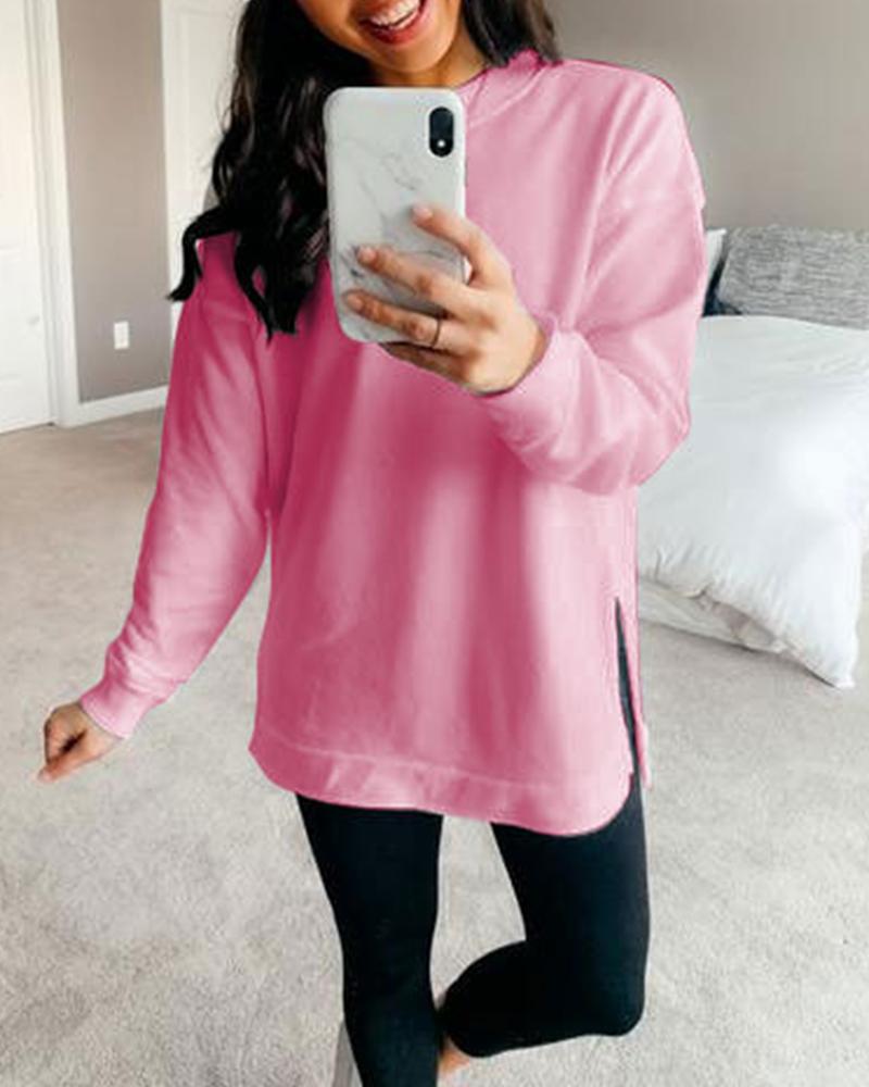 

Casual Solid Side Split Sweatshirt, Pink