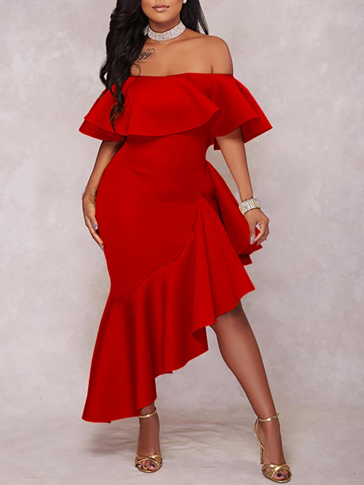 

Asymmetric Off Shoulder Ruffles Hem Maxi Dress, Red