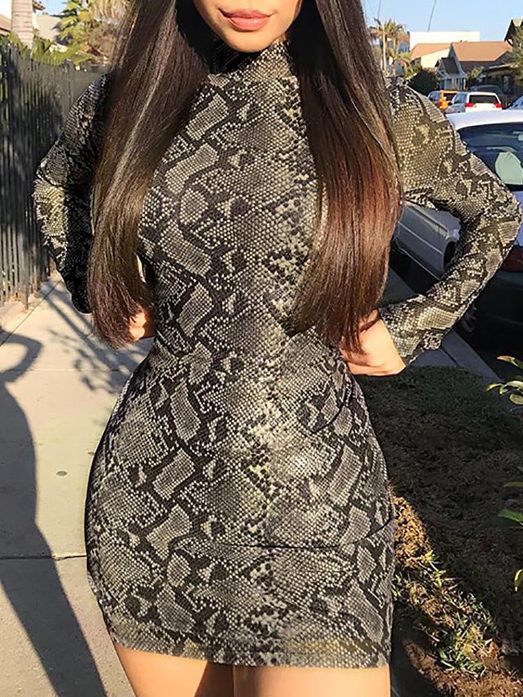 

Snakeskin Print High Neck Mini Dress, Dark grey