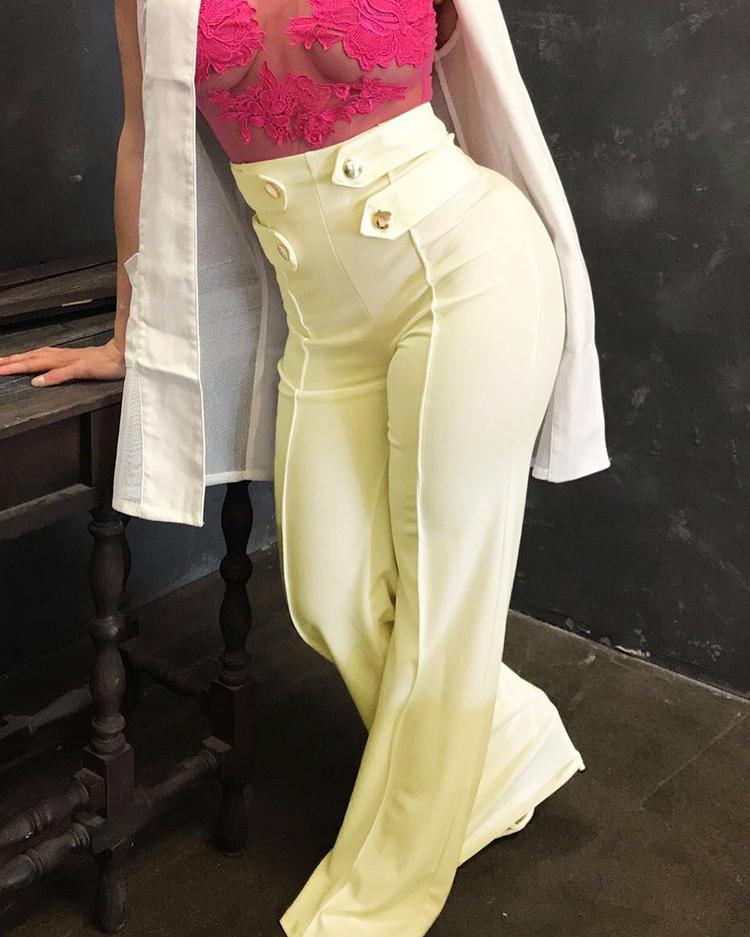 

Buttoned High Waist Wide Leg Pants, Beige
