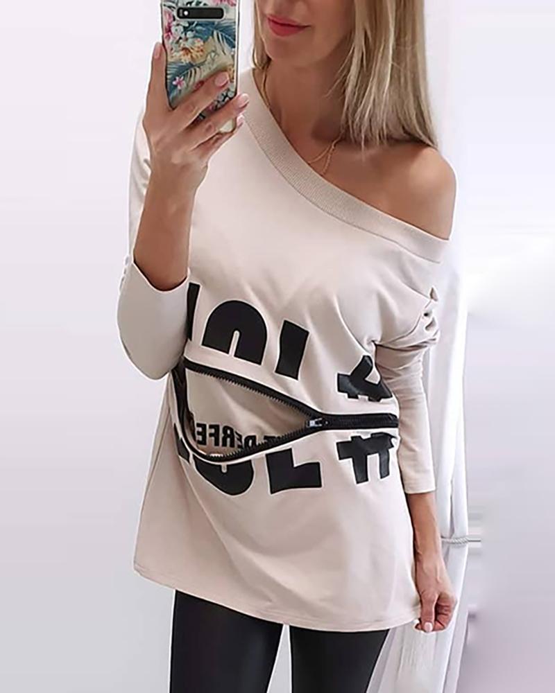 

Letter Print Zipper Design Long Sleeve Sweatshirt, Apricot