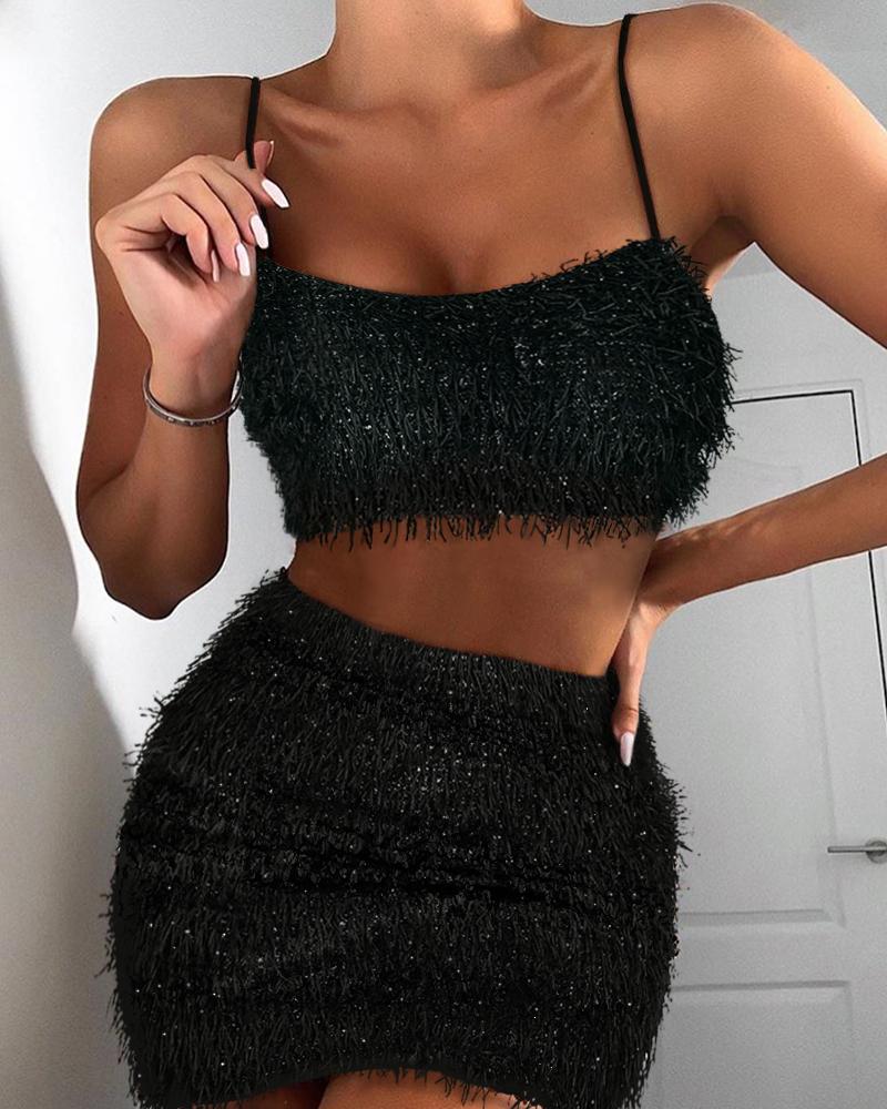 

Tassel Design Spaghetti Strap Crop Top & Slinky Mini Skirt Sets