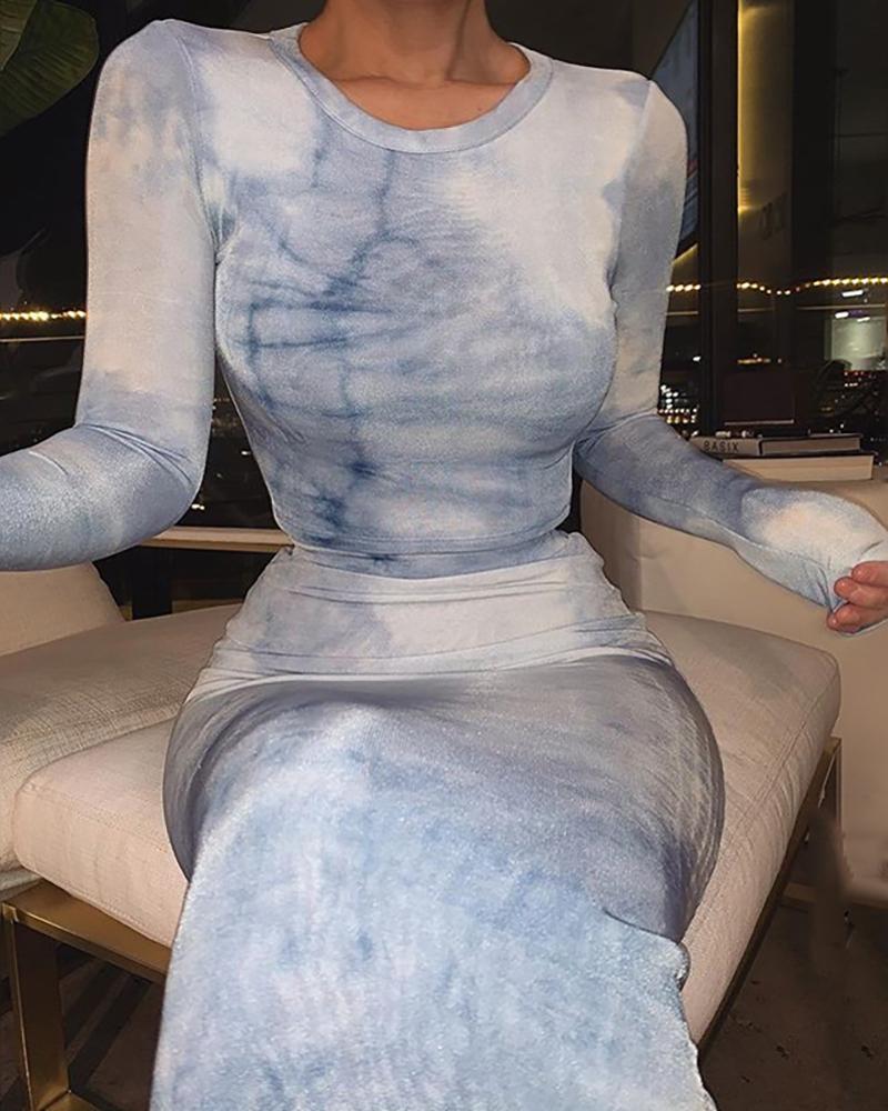 

Tie Dye Print Long Sleeve Top & Midi Skirt Set, White