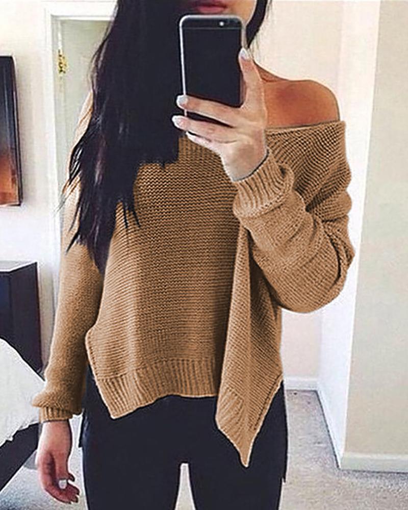 

Solid Side Slit Long Sleeve Casual Sweater, Khaki