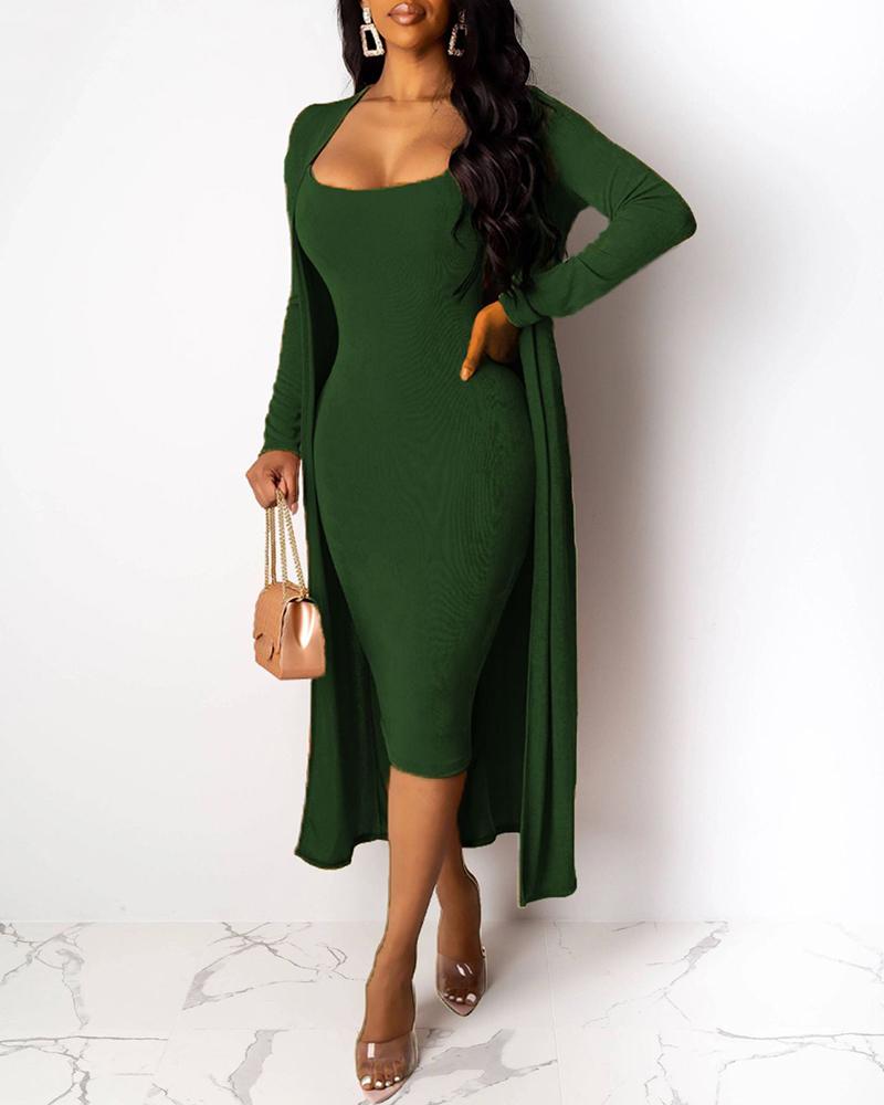 

Solid Spaghetti Strap Bodycon Dress & Casual Longline Coat Sets, Green
