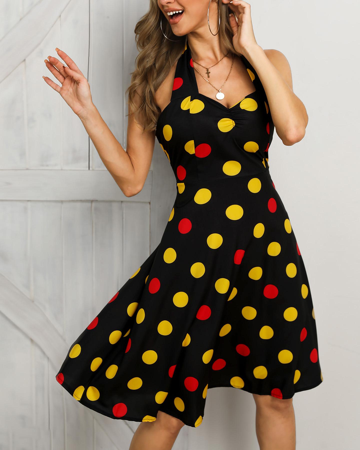 

Dot Print Halter Backless Midi Dress, Black
