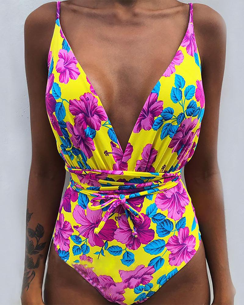 

Print Spaghetti Strap One Piece Swimsuit, Multicolor