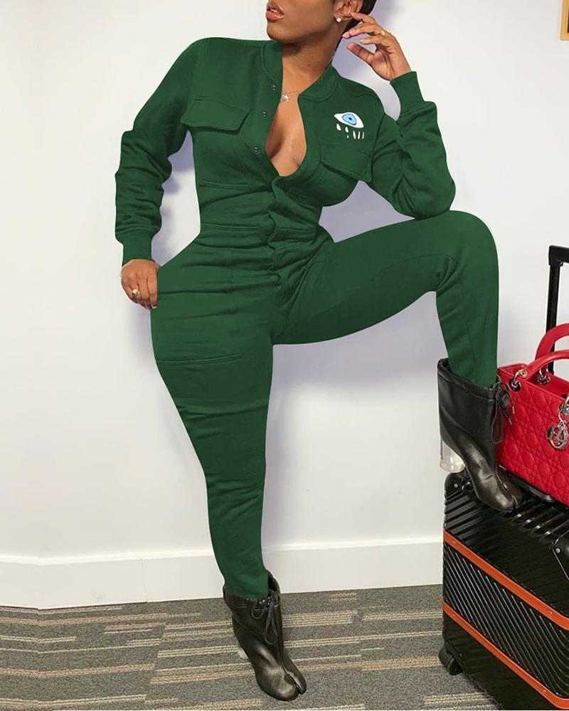 

Eyes Pattern Pocket Buttoned Jumpsuit, Green