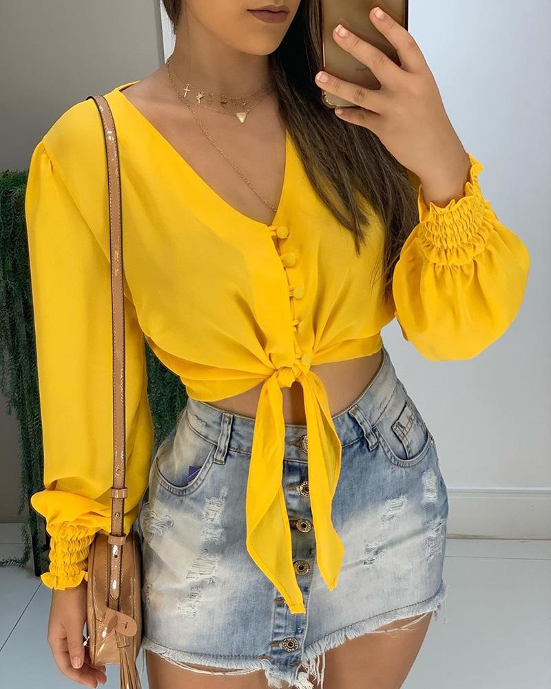 

V-Neck Knot Buttoned Shirring Cuff Blouse, Yellow