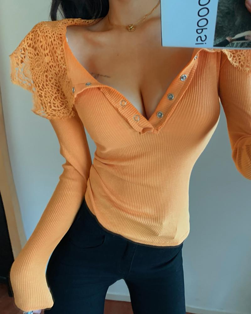 

Solid Crochet Lace Ribbed Long Sleeve Blouse, Orange
