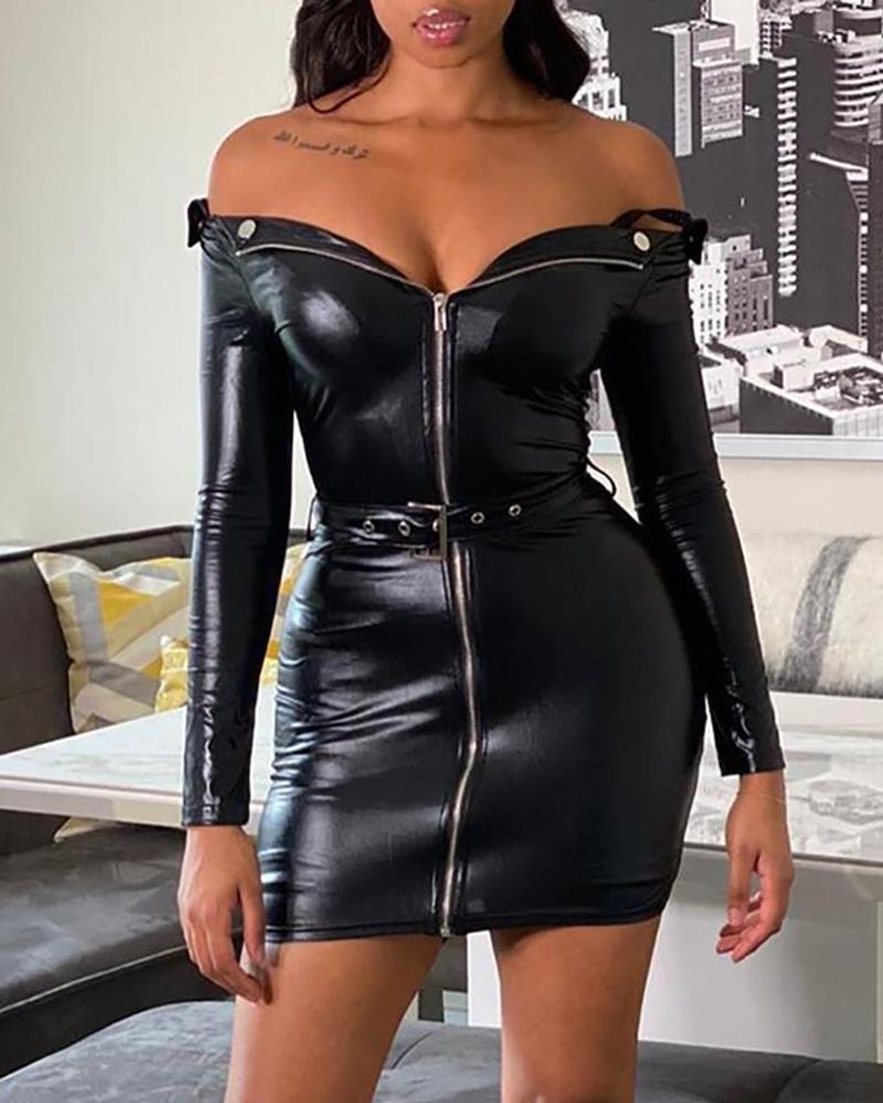 

Solid PU Zipped Bodycon Dress, Black