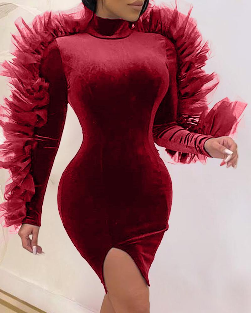 

Sheer Mesh Ruffled Hem Velvet Dress, Wine red