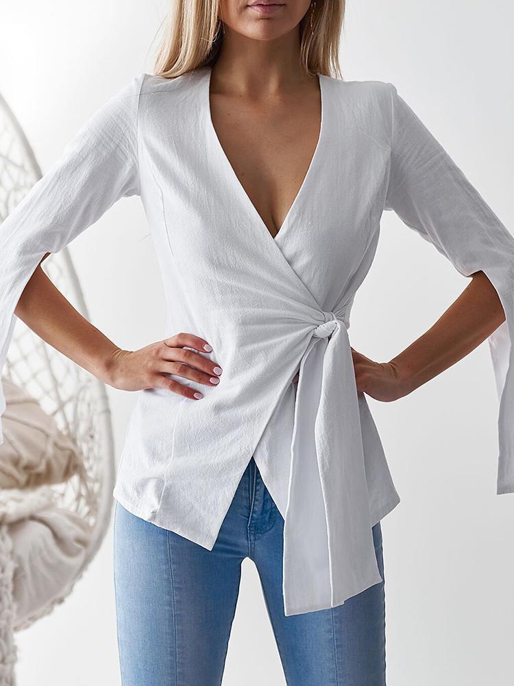 

Solid Slit Flared Sleeve Tie Side Wrap Blouse