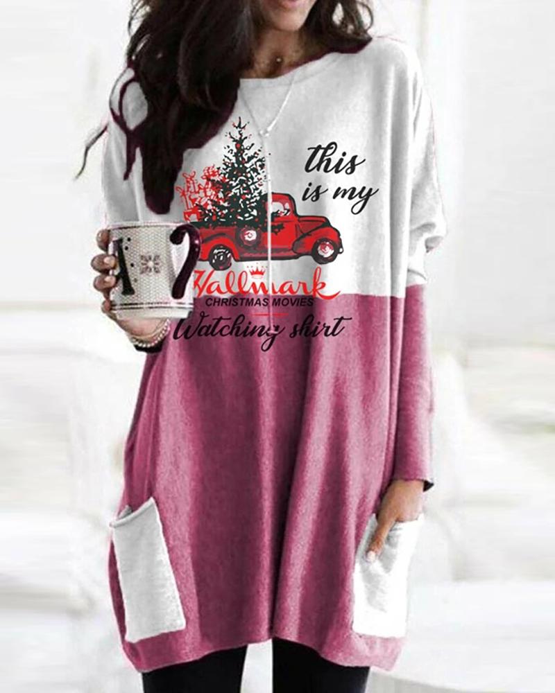 

Christmas Letter Car Print Colorblock Casual Top, Pink