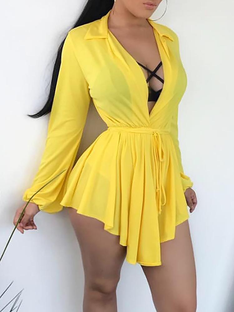 

Asymmetrical Pleated Drawstring Waist Plunge Dress