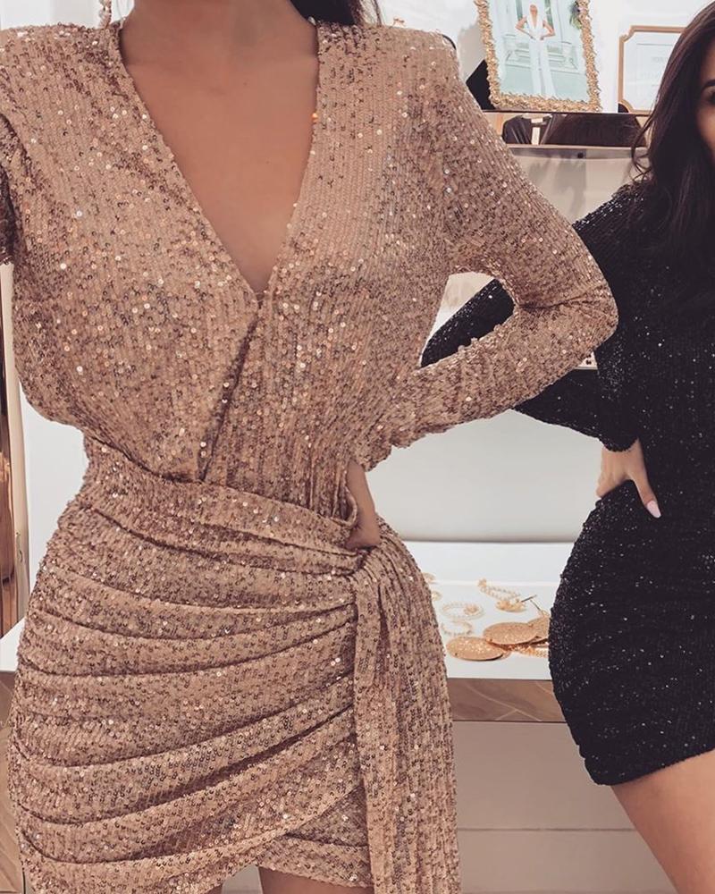 

Sequined V-Neck Wrap Dress, Gold