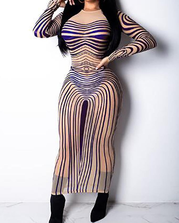 

Sheer Mesh Random Striped Print Dress, Blue