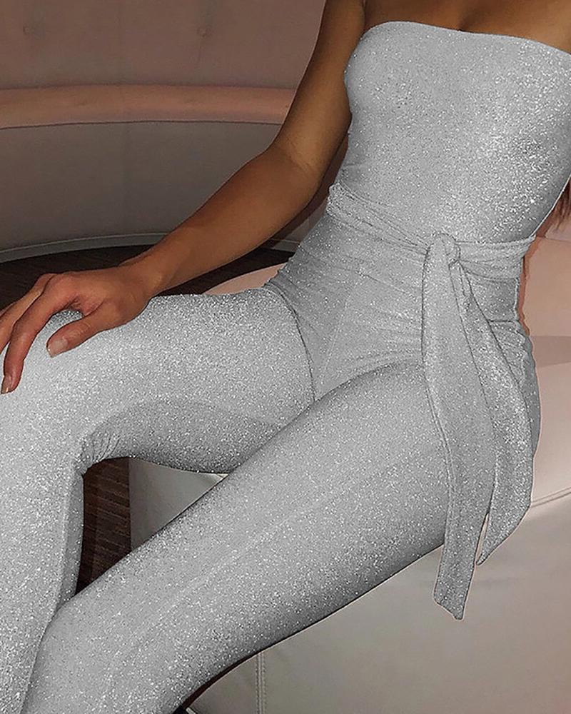 

Glitter Tube Sleeveless Design Jumpsuit, Silver