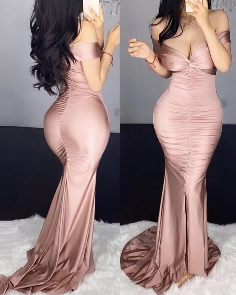 

Off Shoulder Plain Ruched Maxi Dress, Pink