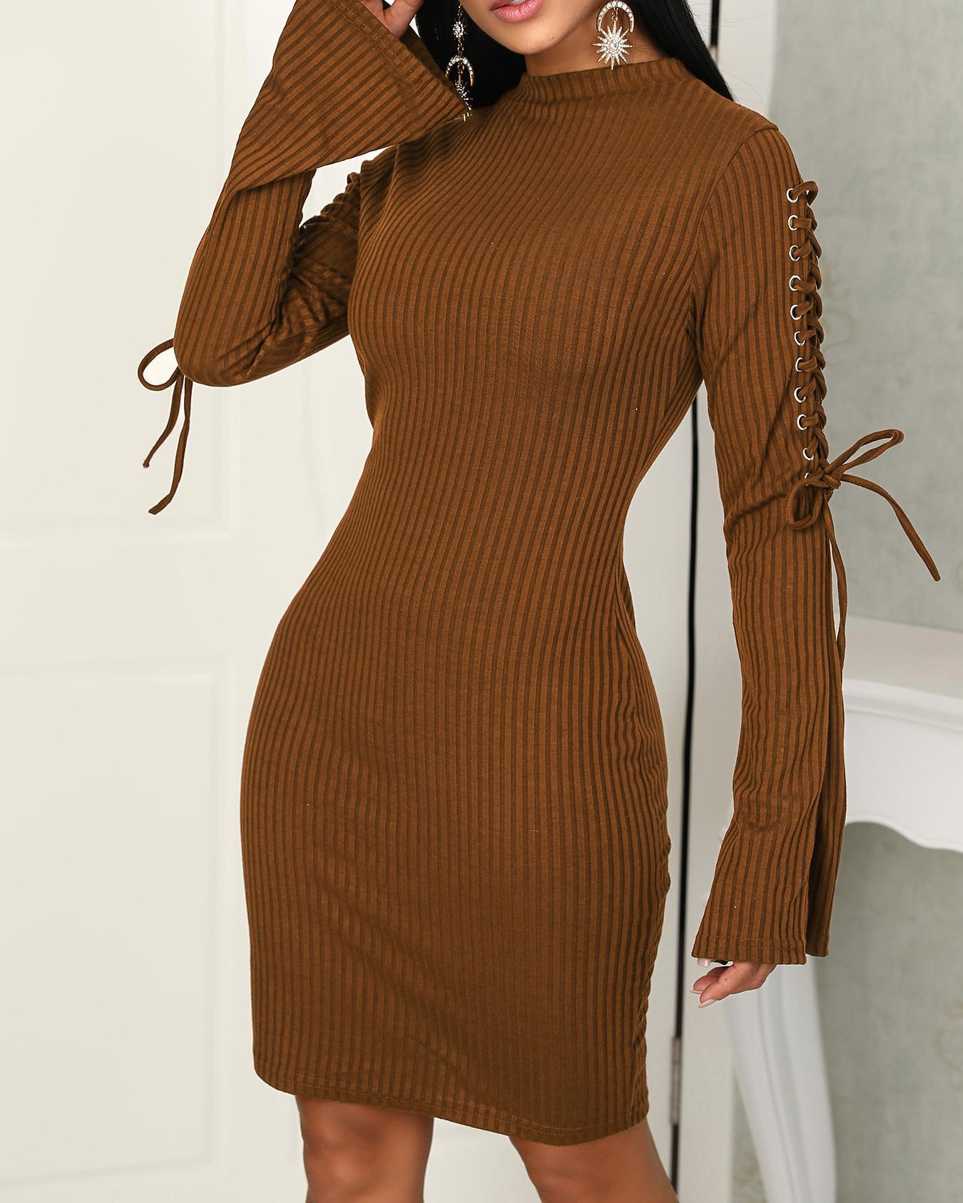 

Solid Lace-Up Eyelet Flared Sleeve Bodycon Dress, Brown
