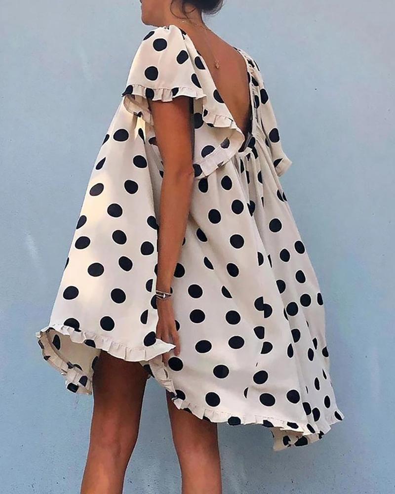 

Polkadot Print Ruffles Trim Backless Dress, White