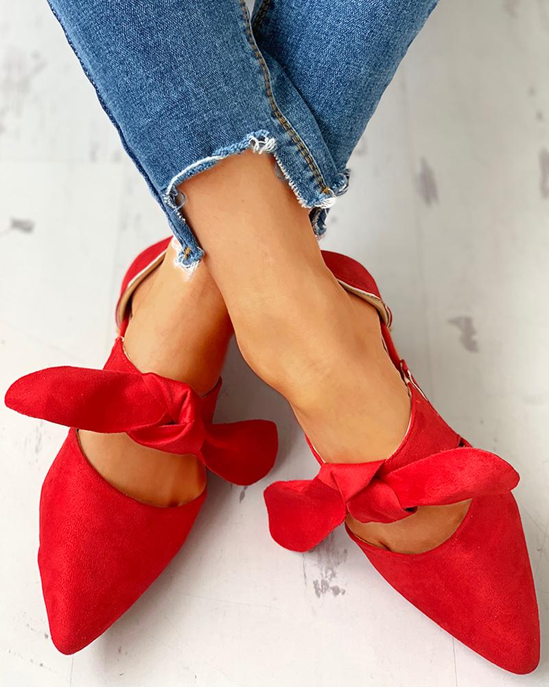 

Suede Bowknot Pointed Toe Flat Shoes, Red