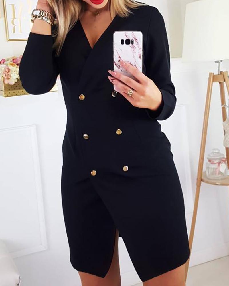 

V-Neck Double-breasted Slit Blazer Dress, Black