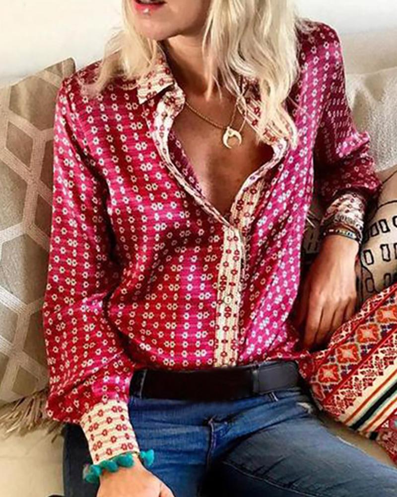 

Print Long Sleeve Button Up Shirt, Red