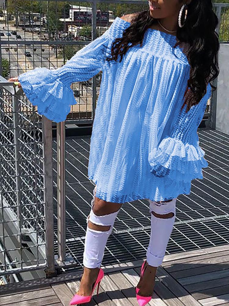 

Off Shoulder Lace Flared Sleeve Casual Dress, Blue