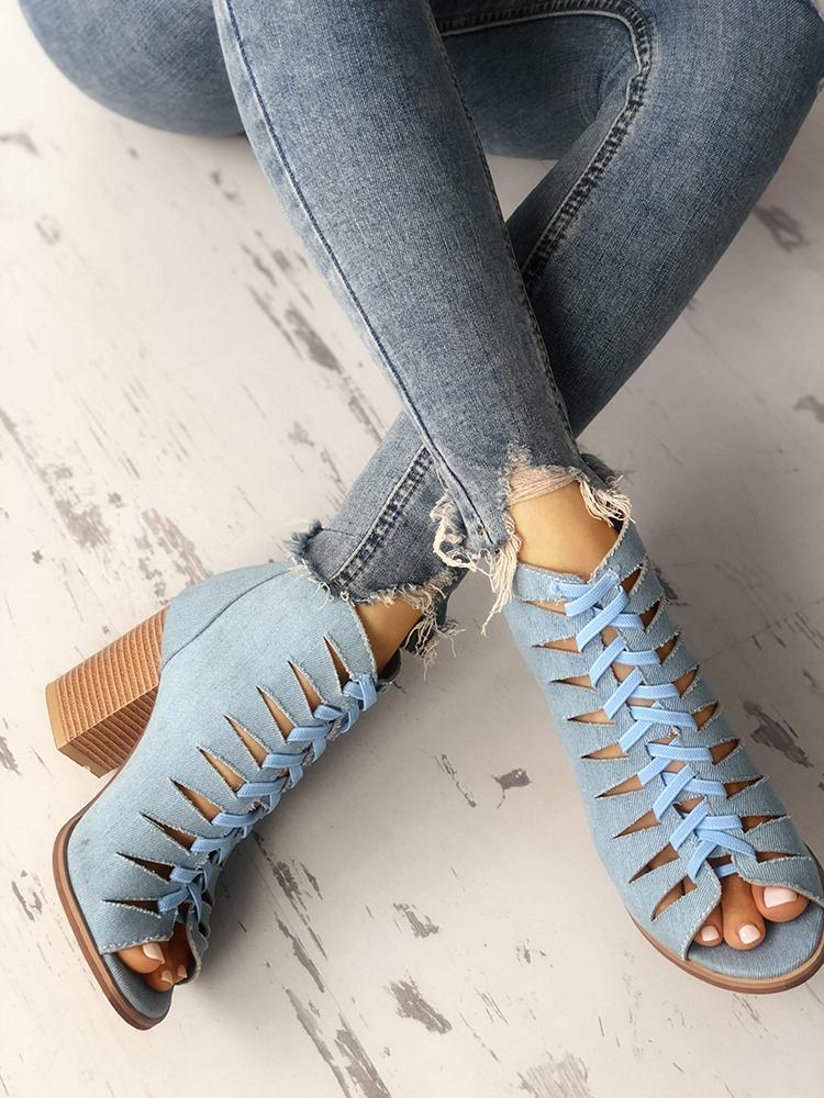 

Denim Lace-up Hollow Out Chunky Heeled Sandals, Blue