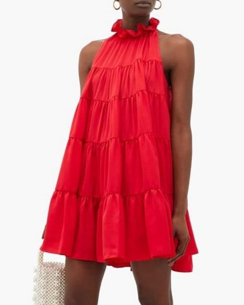 

Ruffle Neck Tiered Swing Dress, Red