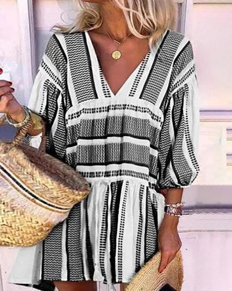 

Colorblock Lantern Sleeve Casual Dress, Black
