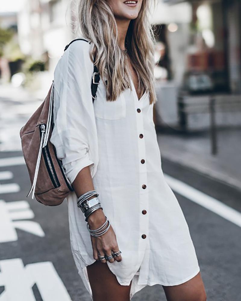 

Button Design Pockets Dip Hem Casual Shirt Dress, White