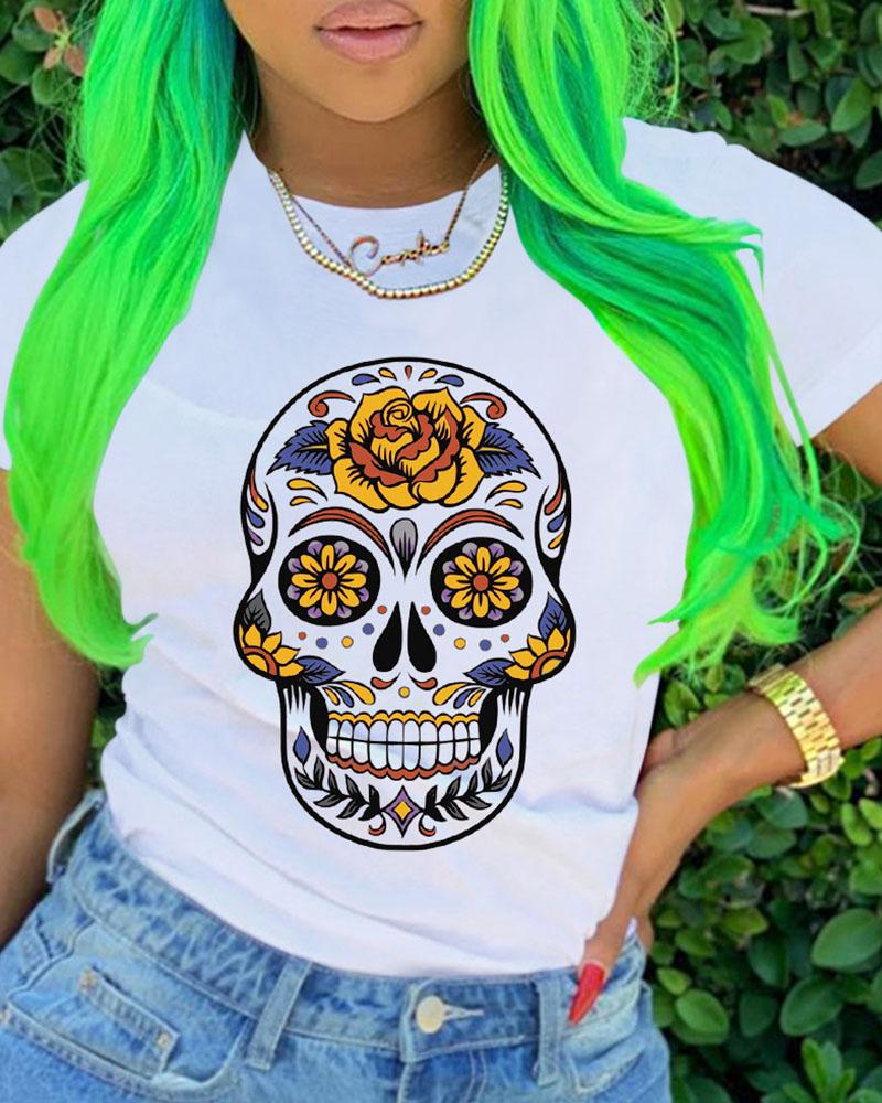 

Skull Figure Print Short Sleeve Casual T-shirt, White