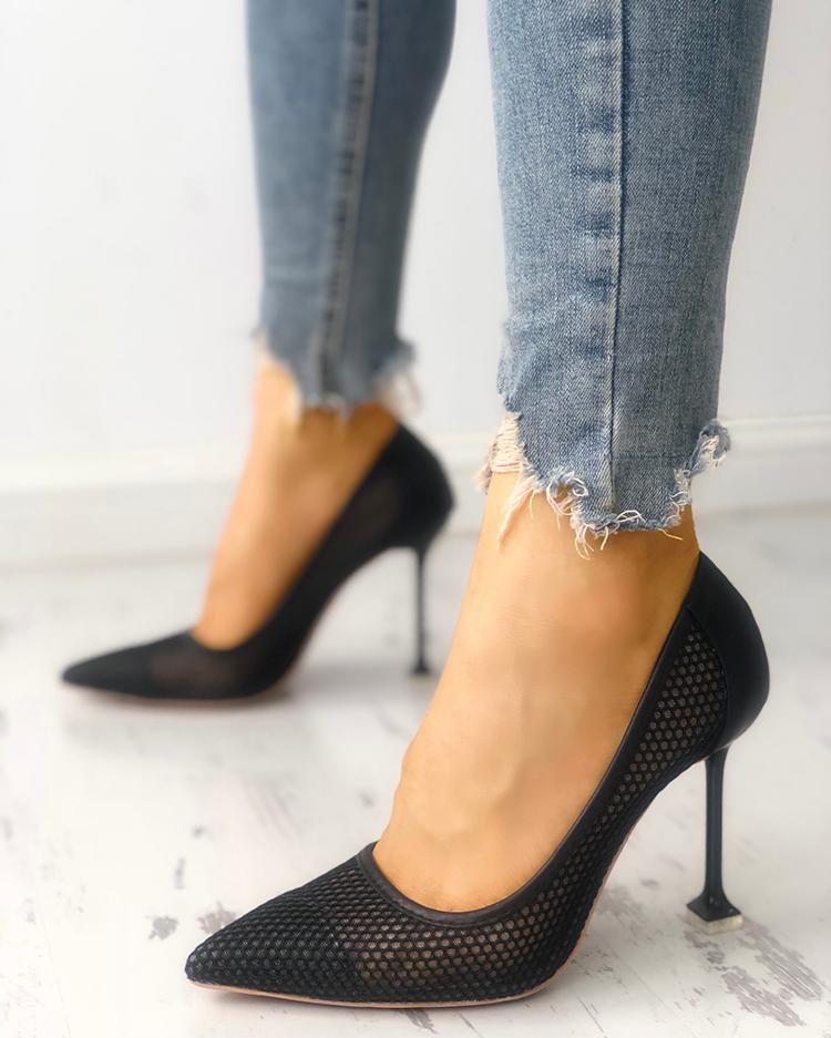 

Fishnet Splicing Pointed Toe Thin Heeled Sandals, Black